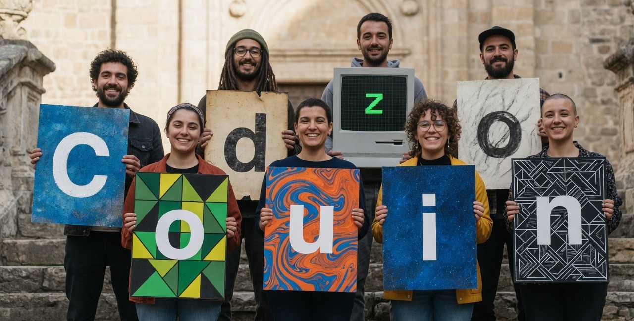 The Coduzion team holding hand-painted letters that spell Coduzion